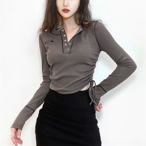 Kayotuas Donna T-Shirt Manica Lunga Slim Fit Casual O-Collo Corto Coulisse Button Up Fashion Chic Basic Donna Streetwear 210522