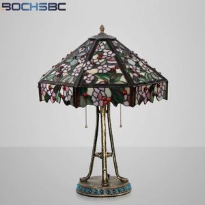 Table Lamps BOCHSBC Stained Glass Blue Orchid Red Cherry Tiffany Styel Lampshade Desk Lamp Alloy Tree Jade Frame Home Decortive Lights