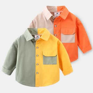 Spring Autumn Design 2 3 4 6 8 10 Years Children Long Sleeve Pocket Color Patchwork Cotton Shirts For Baby Kids Boys 210529