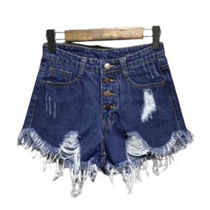 Panie Spodenki Moda Spodenki Umyte Denim Chłopiec Skinny Runway Krótkie Tassel Loose High Waist Button Ripped Shorts Casual Wear Short Y220311