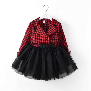 Toddler Baby Girls Checked Long Sleepe Plaid Klänning Princess Party Prom Tulle Klänningar 2-7Y Q0716