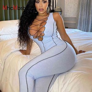 Lace Up Cut Out Deep V Neck Ribbed Rompers Womens Sleeveless Jumpsuit Sporty Skinny Athleisure Workout Summer Clothing 210517
