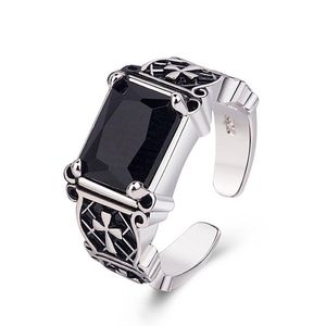 Antico argento Gesù Gesù Croce Anello Band Band Agata Nero Retro Retro Open Regolabile Diamond Diamond Anelli Chunky per gli uomini Gioielli di moda