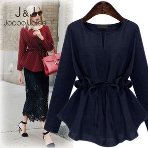 Plus Size Top Women Long Sleeves Drawstring Lace up Shirts Ruffle Tunic High Waist Solid Blouse Cotton Linen Peplum Sashes Shirt 210518