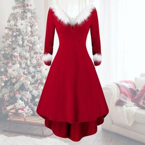 Casual Kleider Weihnachten Langarm V-Ausschnitt Partykleid Weiß Plüsch High Low Saum Patchwork Taille Eng Große Weihnachten Cosplay Kostüm