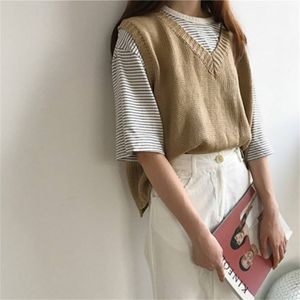 Sweter Kamizelka Kobieta Jesień Koreański College Styl V-Neck Dziewczyna Mały Świeży Krótki Bez Rękawów Luźny Student Dzianiny Jumper Kobiety 210427