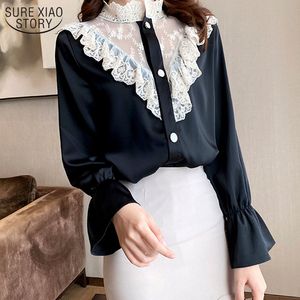 Spring raffled кружева лоскутная блузка женщина вязание крючком шифоновая рубашка стиль стойка воротник с длинным рукавом кнопки 13108 210508
