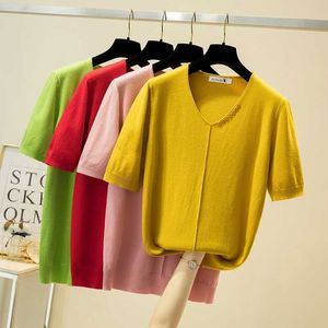 Plus Größe Frauen Pullover Mode V-ausschnitt Solide Sommer Mode Pullover Frauen Dünne Gestrickte Pullover Rosa Weiß Tops 210604