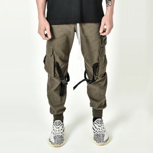 Män Fashion Drawstring Multi Fickets Straps Ankel Bundet Cargo Pants Långbyxor