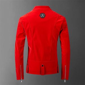 Skull Bonded Leather Red Jackets Men High Street Style Turn-down Neck Streetwear Mens and Coats Casacas Para Hombre 210811
