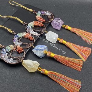 7 Chakra Tree of Life Stones Healing Raw Crystal Pendant Wall Hanging Ornament Decoration Rainbow Tassels for Feng Shui Good Luck Protection Home Window Car Decor