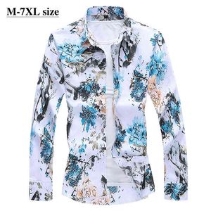 Autumn Men's Long Sleeve Flower Shirt Chinese Style Printing Fashion Business Slim Fit Casual Shirts Plus Size 5XL 6XL 7XL 210714