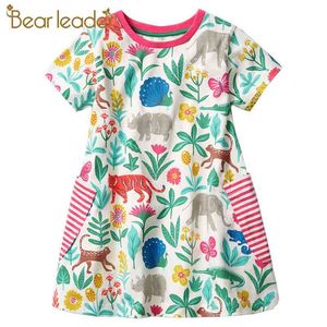 Fashion Girls Dresses Short-sleeve Flower Print Pattern Kids Clothing Girl European and American Style Cute Costumes 210429