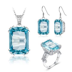 Vintage Set 925 Sterling Silver Square Blue Aquamarine Ring Earrings Pendant Necklace Sets For Women Fine Jewelry Gifts