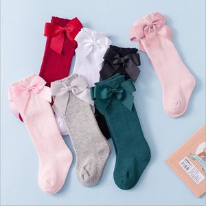 Prinsessan Rosa strumpor Big Bow Strumpor Solid Färg Barnstrumpor Footsocks Toddler Girl Bomull Sock Mode Baby Footwear 7 Färger Valfritt BT4830