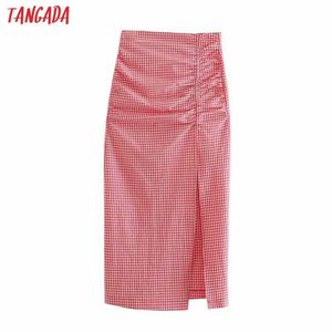 Tangada Donna Gonna midi scozzese rossa Faldas Mujer Vintage Zipper Office Ladies Elegante Chic Gonne a metà polpaccio 3H566 210609