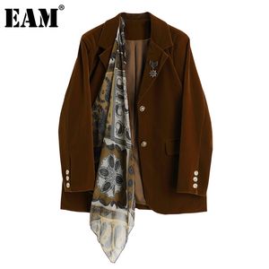 [EAM] Kadınlar Desen Baskılı Kadife Blazer Yaka Uzun Kollu Gevşek Fit Ceket Moda İlkbahar Sonbahar 1DA305 210930