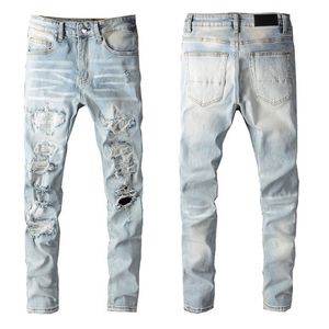 Högsta kvalitet mens jeans senaste uppdatering diamant patch designer väskor män biker motorcykel retor växter knapp jean s grossist slim-ben denim ljusblå byxa w28-40