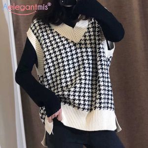 Aelegantmis Women Oversized Knitted Sweater Vest Houndstooth Sleeveless Loose Female Waistcoat Chic Tops Lady Knit Jumpers Coats 210607
