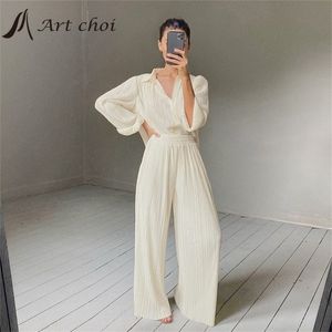 Spring Summer Two Piece Set Tracksuit Casual Outfit Suits Women Beige Shirt Long Blouse Tops Pleated Wide Leg Pants 2 Sets 220315