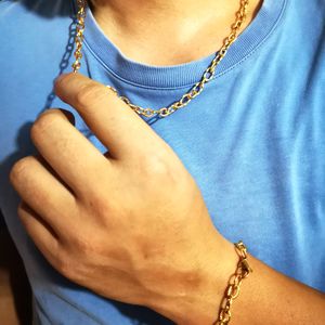 Mens Jewelry Set for Gifts Stainless steel Gold Oval chain necklace + bracelet Fashion Bling 6mm wide 24 inch+ 8.5 inch