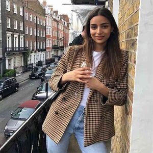 vintage plaid double breasted blazer jacket women khaki ladies business elegant coat autumn winter 210427