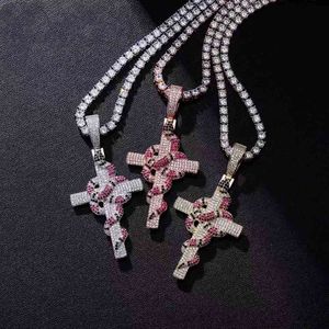 New Snake Winding Cross Pendant Necklace Iced Out Cubic Zirconia Pendant Christmas Halloween Hip Hop Jewelry Gifts X0509