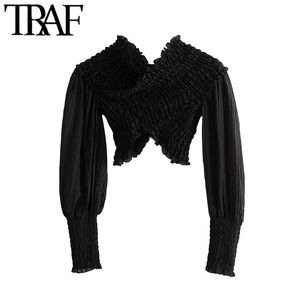 Traf Women Sexy Fashion Smocked Elastic Croped Bluses Vintage Crossover V Neck Long Sleeve Female Shirts Chic Tops 210317