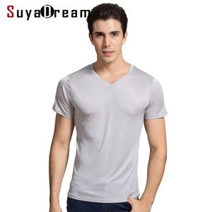 Suyadream Homens Básico Camisetas Natural Silk V Neck Sólida Manga Curta Camisas Branco Preto Primeira Primavera Primavera Top 210329