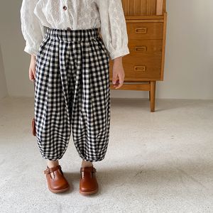 Spring Girls Lossa Ankellängd Plaid Byxor Barn Unisex Bomull Casual Wide Leg Pants 210508