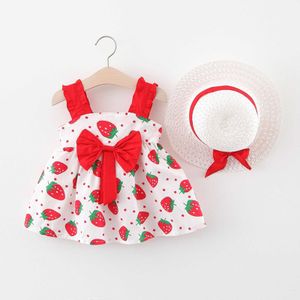 Newborn Baby Girls Suspenders Strawberry Print Princess Dress Hat Clothes Outfit 18 24 Months 3 4 Years Q0716