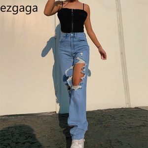 Ezgaga Ripped jeans för kvinnor Casual Vintage High Waisted Denim Pants Hip Hop Trouser High Street Femme Pantalon Fashion 210430
