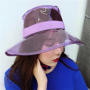 Solid Transparent Kvinnors Skopor Mössor Kepsar Girls Gorras Ladies Pvc Strand Sun Visor Vattentät Regnhatt Plast Wide Brim Cap 211119