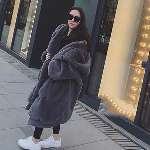 Winter Imitation Fur Coat Women's Grey Korean Big Neck Long Sleeve Fluffy 211207