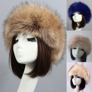 Berets Fluffy Rosyjski Faux Fur Caps Zima Elastyczne Earmuffs Turban Grube Furry Hairband Kobiety Headband Hat Plenerowy Kapelusze narciarskie