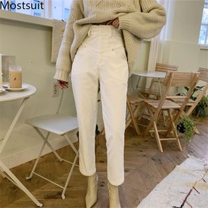 Mulheres Harem Calças Moda Cintura Alta Solto Calças Branco Calças Femininas Dois Botões Primavera Streetwear 210518