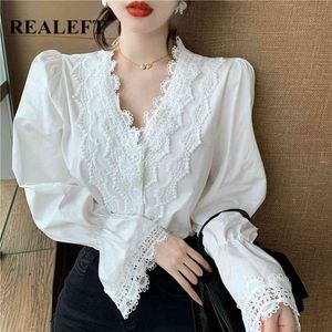 Primavera elegante retalhos retalhos feminino camisa feminina blusa tops em v-pescoço manga buff coreano estilo chique blusas 210428