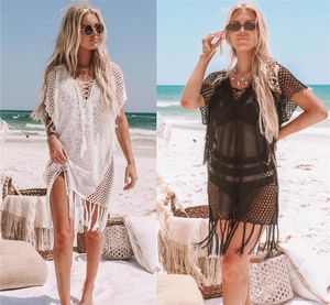 Tunika badkläder kvinnor spets virkning strandklänning tassel kaftan pareo strandkläder baddräkt täcker playa tunics sarongs