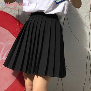 Aelegantmis fasta pläterade kjol kvinnor lolita stil hög midja kort s överdimensionerade koreanska plus storlek mini svart student 210607