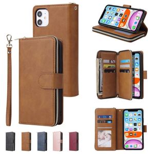 PU Skóra Kobiety Mężczyźni Zipper Przypadki Magnetyczne 9 Karta Kredytowa Slots Pieniądze Kieszonkowy Flip Nadgarstek Pasek Kickstand dla iPhone 13 12 Mini 11 Pro Max XR XS X 8 Plus Samsung S20 S21 Ultra