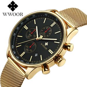 Wwoor Relogio Masculino Gold Watch Men Quartz Vattentät 50m Kronograf Mäns Armbands Klockor Top Märke Luxury Rostfritt Stål 210527