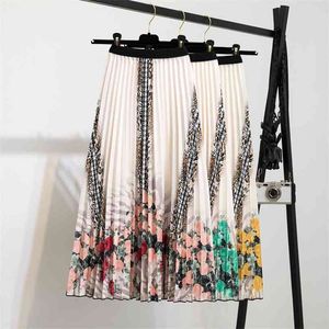 Fashion Brand Print Pleated Skirts Womens High Waist Strechy Cartoon Long Midi Skirt Female A-Line Falda Summer Jupe Femme 210629