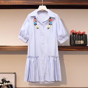 Vestidos de camisa de bordado de flores de verão para mulheres moda manga curta patchwork solto casual plissado vestido 210428