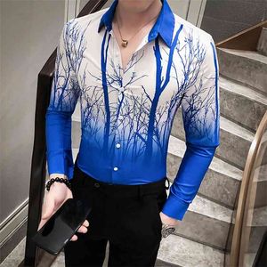 春の花のシャツの男性高品質のグラデーションカラー長袖シャツすべてマッチノーアイアンナイトクラブプロムブラウス210626
