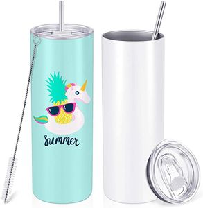 CA USA Straight!!! 20oz DIY Sublimation Tumbler Set Stainless Steel Insulated Travel Office Mug with Closed Lid Straw Slim Water Cup DHL