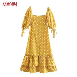 Tangada Sommar Kvinnor Gula prickar Skriv ut Fransk stil Klänning Bow Puff Short Sleeve Ladies Midi Dress Vestidos 2W169 210609