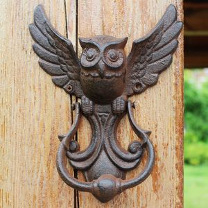 2 Pieces Rustic Cast Iron OWL Decorative Door Knocker Traditional Antique Style Doorhandle Doorlatch Country Rural Decoration Mounted Metal Craft Gate Ornate