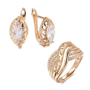 Örhängen Halsband Kinel Lyx Etnisk Brud Bröllop Ring Sats 585 Rose Gold Hollow Blomma Naturliga Zircon Trend Vintage Daily Smycken