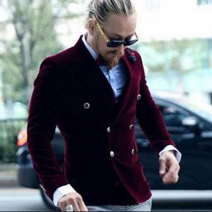 Wine Red Velvet Men's Coat Slim Fit Tuxedos Grooms Prom Party Double Breasted Tuxedo Groom Suits For Men Wedding Morning Blazer X0909