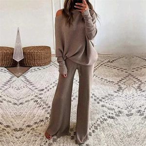 Donna Elegante Solid O Collo Set da 2 pezzi Primavera Pullover a maniche lunghe Top Pantaloni a gamba larga Tuta a due pezzi Linee sottili da festa 211105